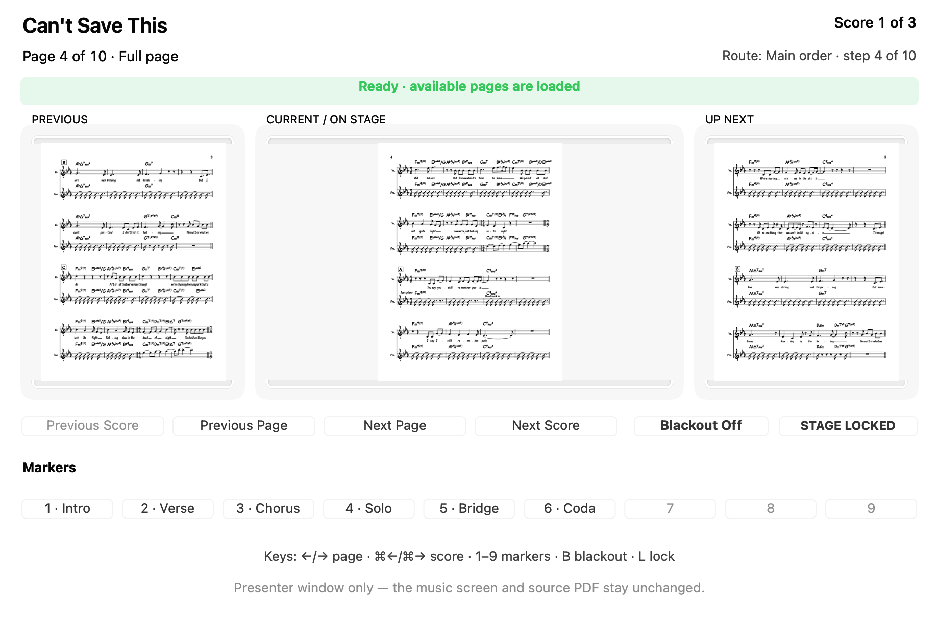 WhatThePDF Presenter showing previous, current, and next score pages with performance controls